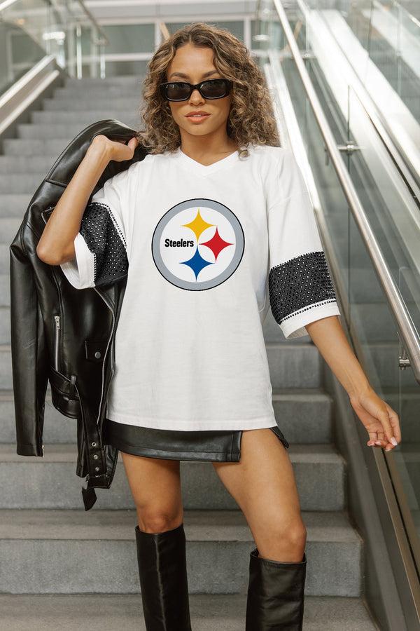 Gameday Couture PITTSBURGH STEELERS DOMINANCE RHINESTONE STRIPE VARSITY TEE