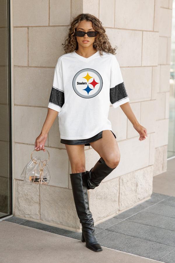 Gameday Couture PITTSBURGH STEELERS DOMINANCE RHINESTONE STRIPE VARSITY TEE
