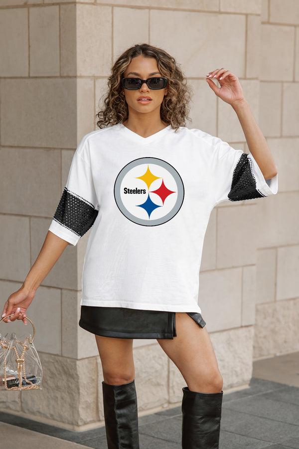 Gameday Couture PITTSBURGH STEELERS DOMINANCE RHINESTONE STRIPE VARSITY TEE