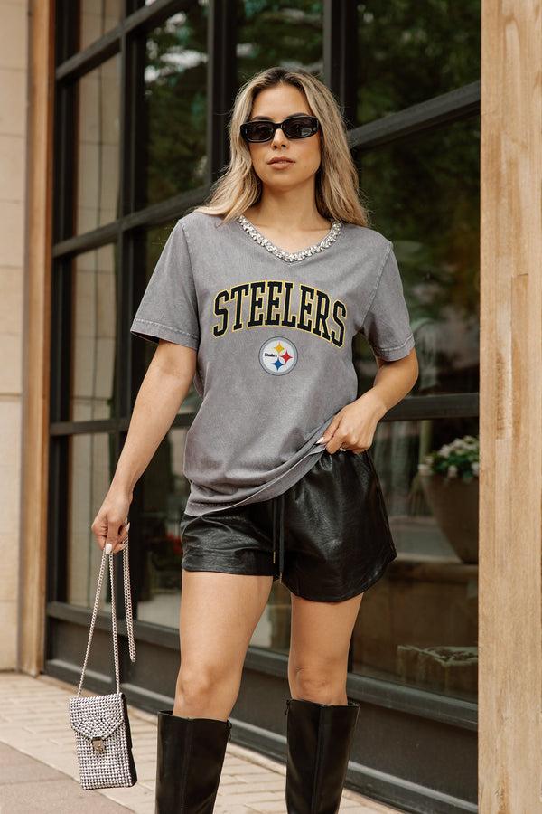 Gameday Couture PITTSBURGH STEELERS ICONIC EDGE RHINESTONE TRIM V-NECK TEE