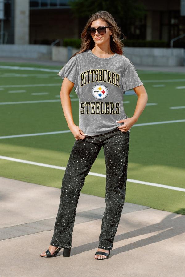 Gameday Couture PITTSBURGH STEELERS VICTORY MODE FLUTTER SLEEVE TEE IN GREY
