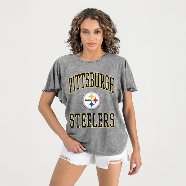 Gameday Couture PITTSBURGH STEELERS VICTORY MODE FLUTTER SLEEVE TEE IN GREY