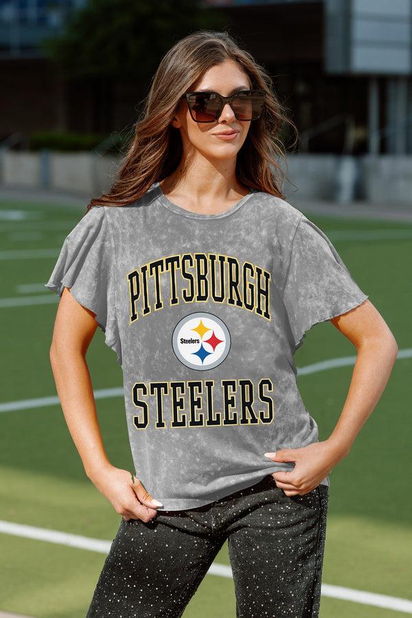gameday couture PITTSBURGH STEELERS VICTORY MODE FLUTTER SLEEVE TEE IN GREY