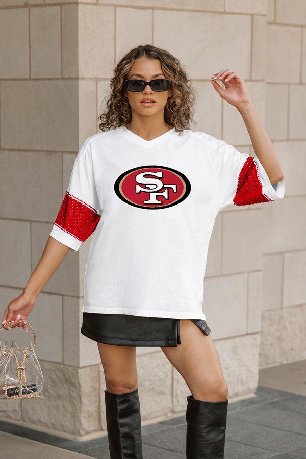 Gameday Couture SAN FRANCISCO 49ERS DOMINANCE RHINESTONE STRIPE VARSITY TEE