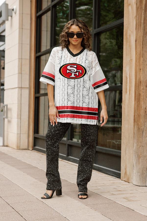 gameday couture SAN FRANCISCO 49ERS HIGH NOTE LACE FASHION TOP