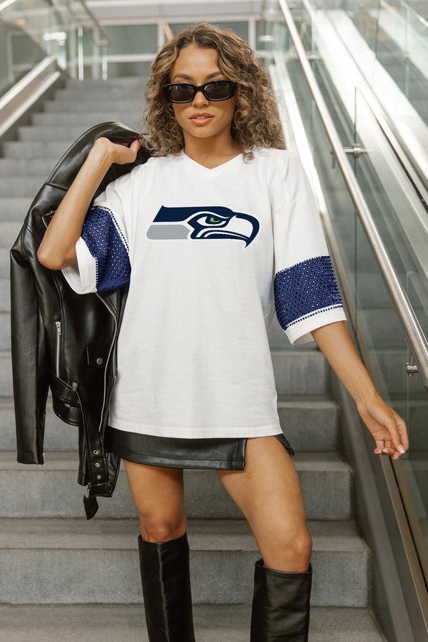 Gameday Couture SEATTLE SEAHAWKS DOMINANCE RHINESTONE STRIPE VARSITY TEE