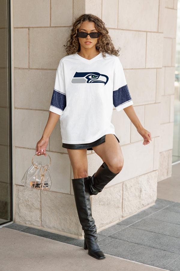 Gameday Couture SEATTLE SEAHAWKS DOMINANCE RHINESTONE STRIPE VARSITY TEE