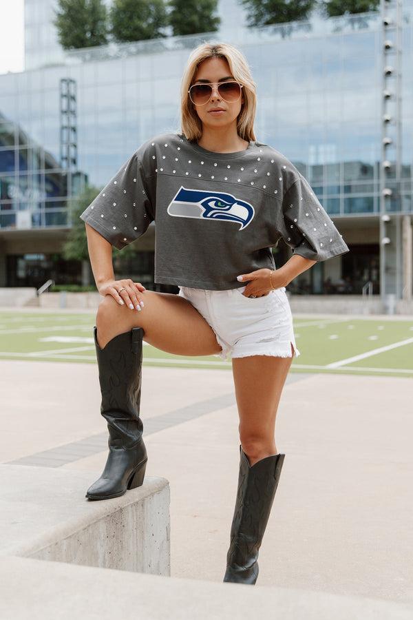 Gameday Couture SEATTLE SEAHAWKS Making Moves Rhinestone Crop Tee With Yoke