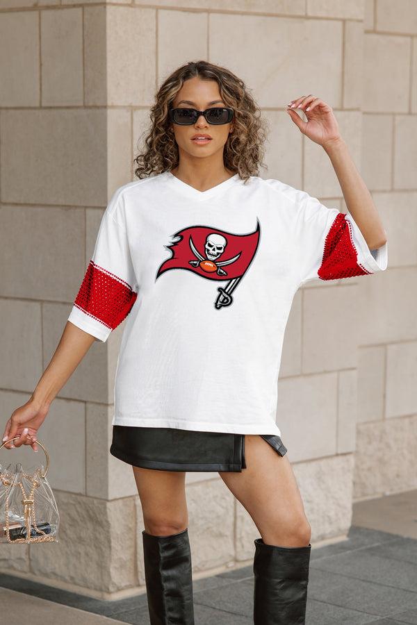 Gameday Couture TAMPA BAY BUCCANEERS DOMINANCE RHINESTONE STRIPE VARSITY TEE