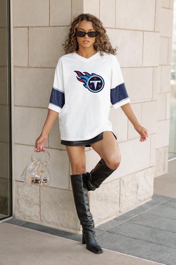 Gameday Couture TENNESSEE TITANS DOMINANCE RHINESTONE STRIPE VARSITY TEE
