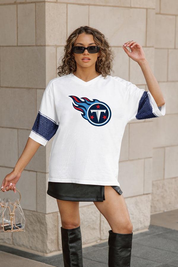 Gameday Couture TENNESSEE TITANS DOMINANCE RHINESTONE STRIPE VARSITY TEE