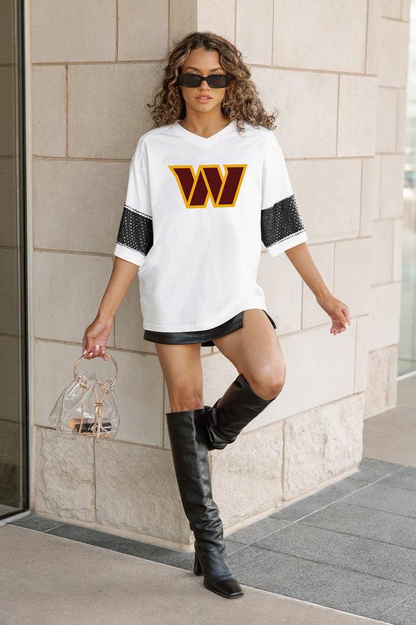 Gameday Couture WASHINGTON COMMANDERS DOMINANCE RHINESTONE STRIPE VARSITY TEE