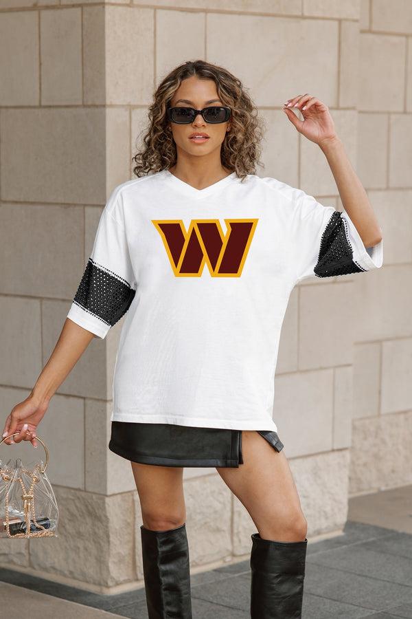Gameday Couture WASHINGTON COMMANDERS DOMINANCE RHINESTONE STRIPE VARSITY TEE