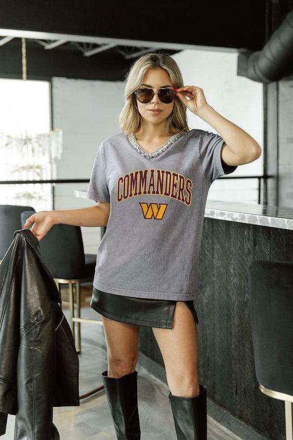 gameday couture WASHINGTON COMMANDERS ICONIC EDGE RHINESTONE TRIM V-NECK TEE