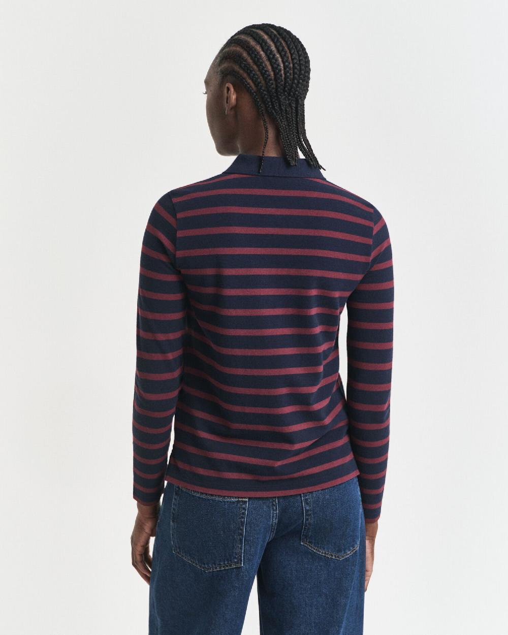 Gant Breton Striped Long Sleeve Piqué Polo Shirt Evening Blue