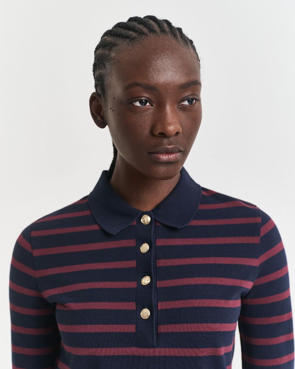 Gant Breton Striped Long Sleeve Piqué Polo Shirt Evening Blue