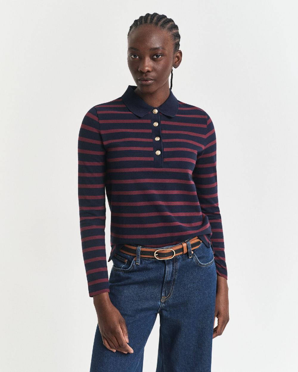 gant Breton Striped Long Sleeve Piqué Polo Shirt evening blue