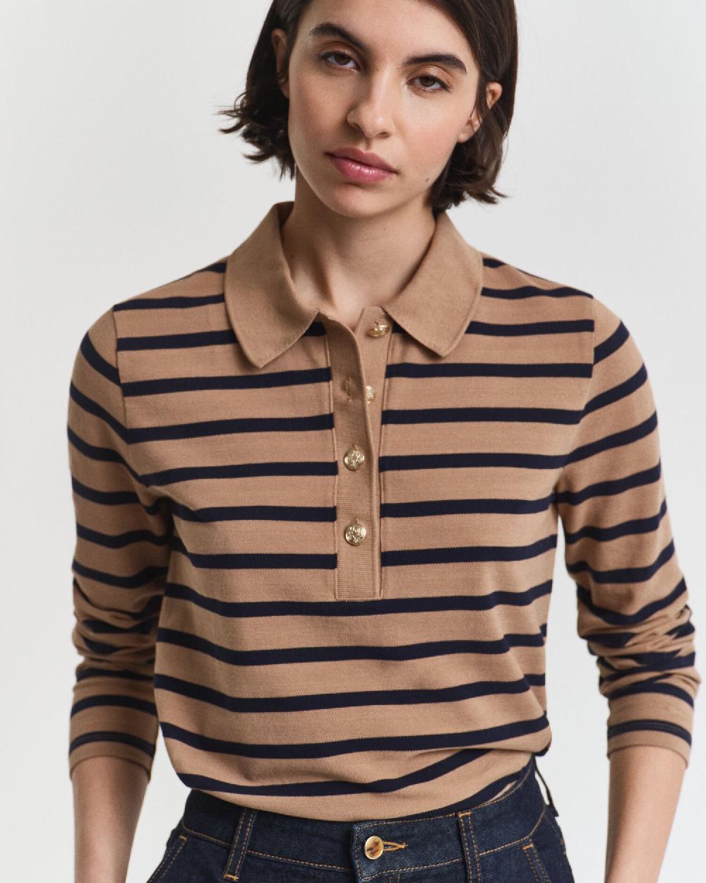 Gant Breton Striped Long Sleeve Piqué Polo Shirt Warm Khaki