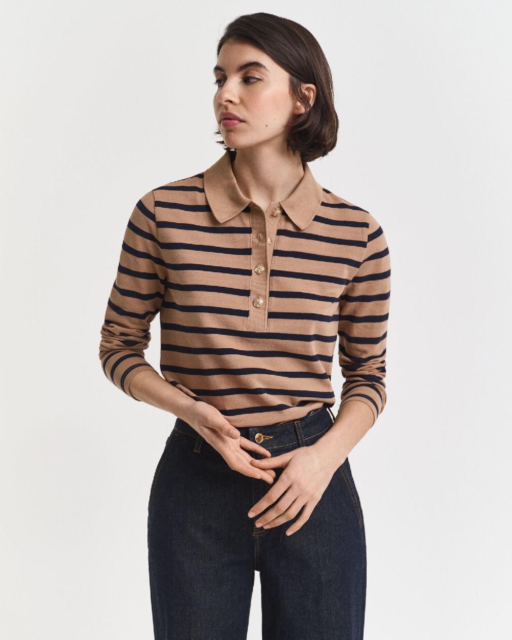 gant Breton Striped Long Sleeve Piqué Polo Shirt warm khaki
