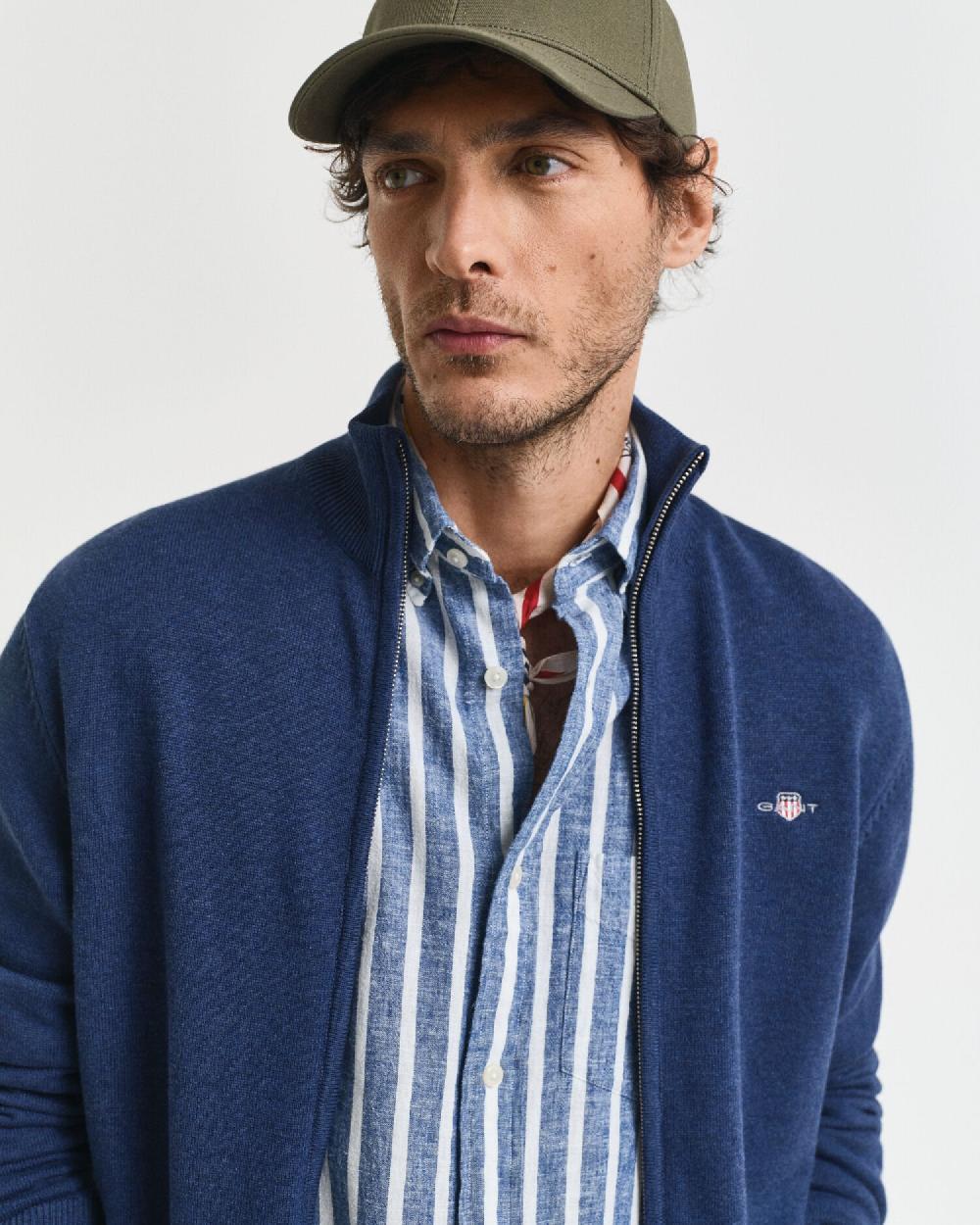Gant Casual Cotton Zip Cardigan Dk Jeansblue Melange