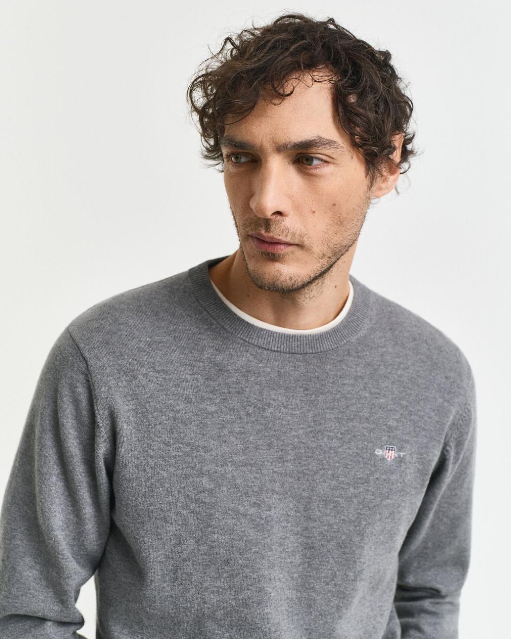 Gant Classic Cotton Crew Neck Sweater Dark Grey Melange