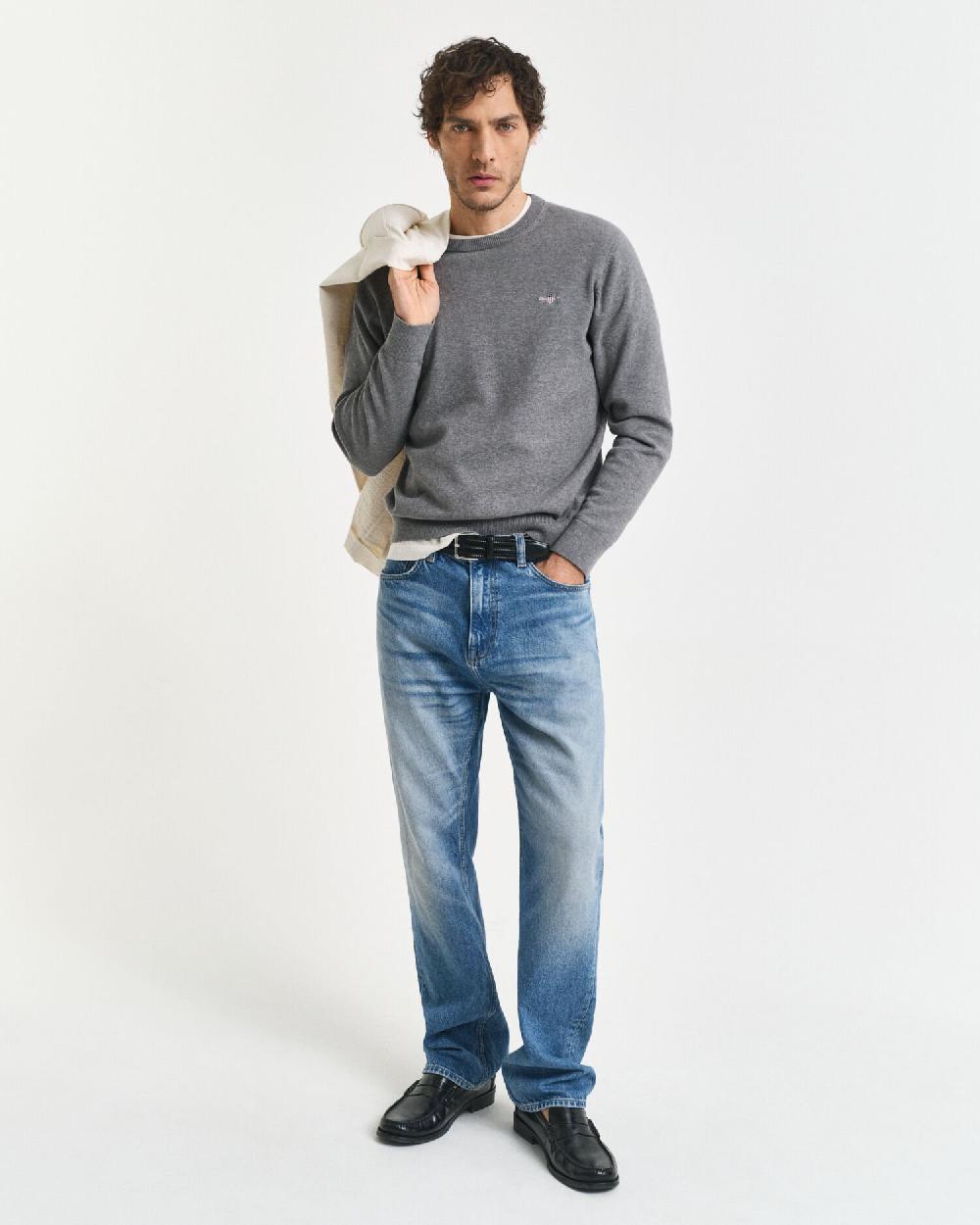 Gant Classic Cotton Crew Neck Sweater Dark Grey Melange