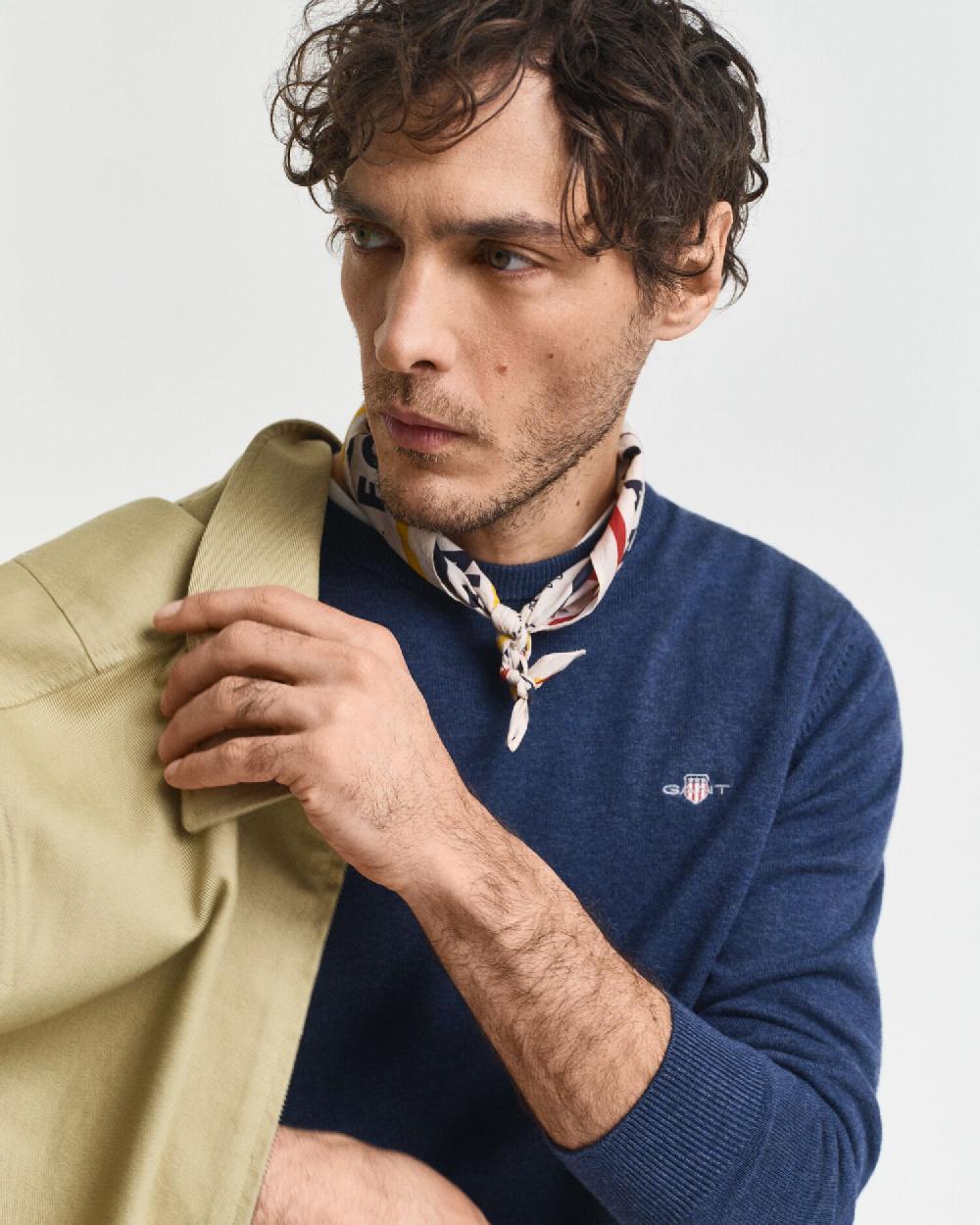 Gant Classic Cotton Crew Neck Sweater Dk Jeansblue Melange