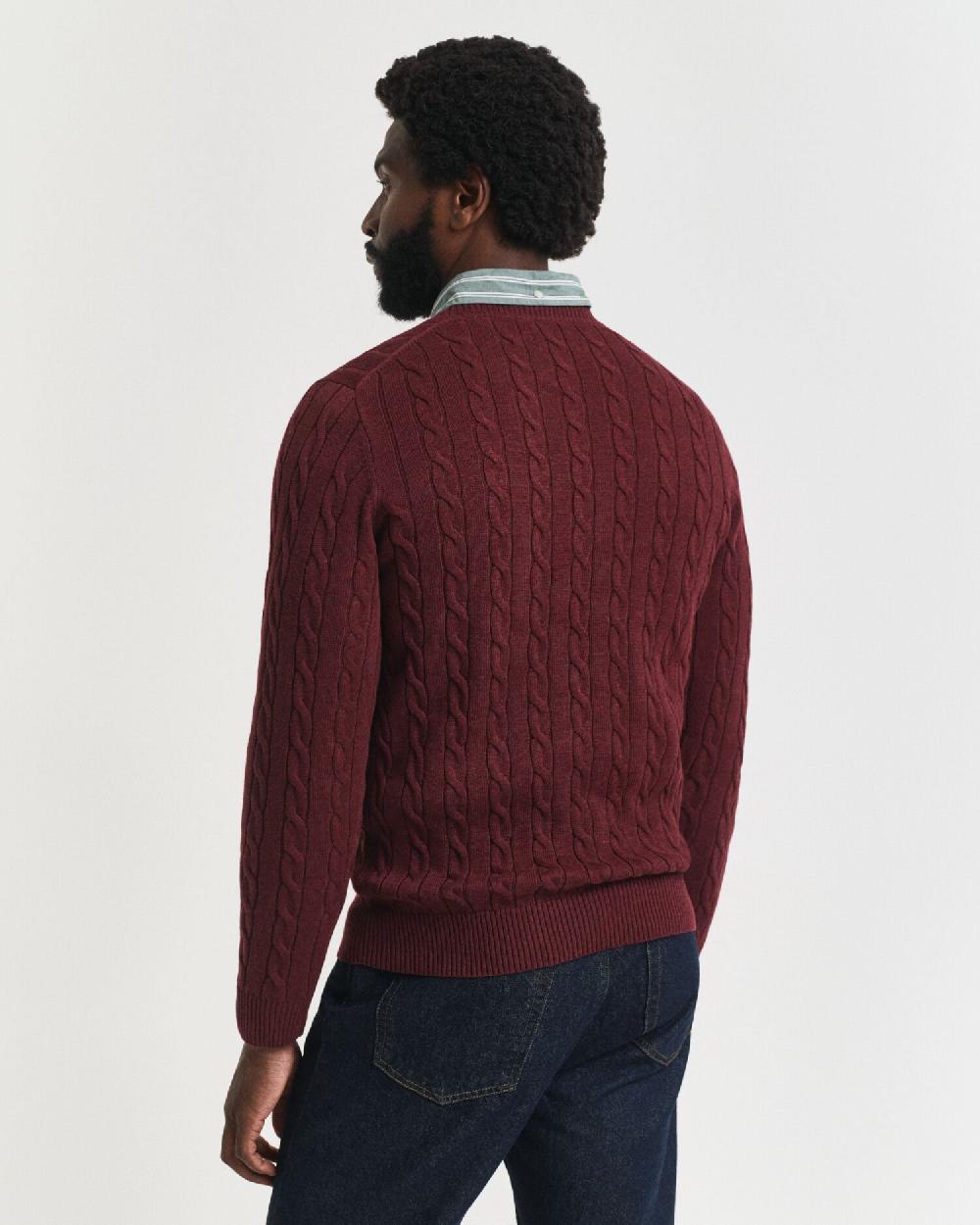 Gant Cotton Cable Knit Crew Neck Sweater Bordeaux Melange