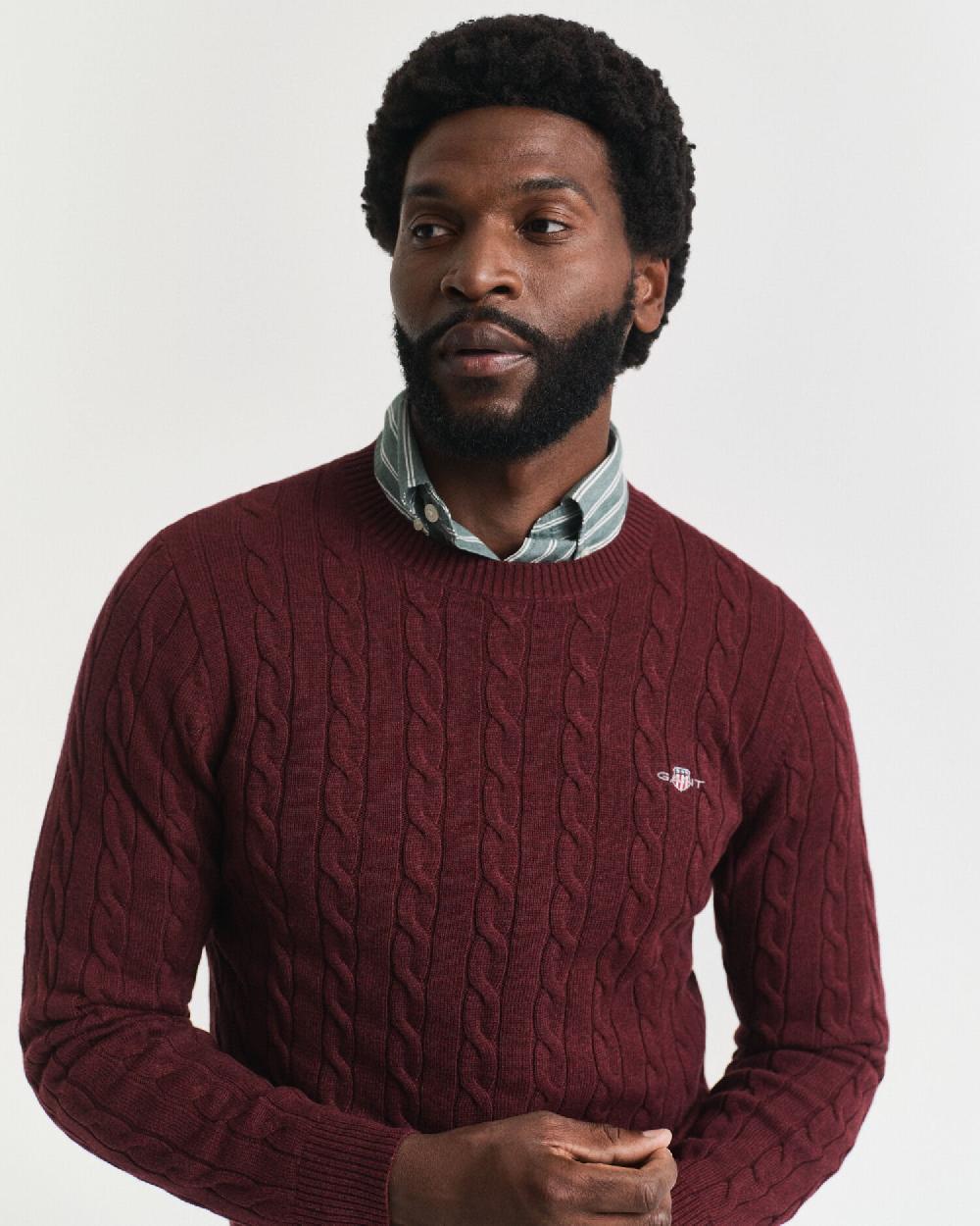 Gant Cotton Cable Knit Crew Neck Sweater Bordeaux Melange