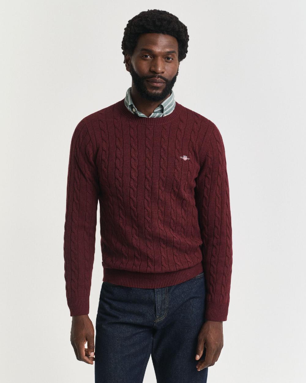 gant Cotton Cable Knit Crew Neck Sweater bordeaux melange