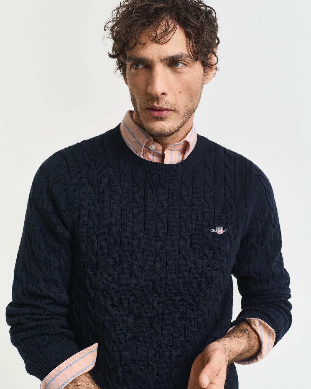 Gant Cotton Cable Knit Crew Neck Sweater Evening Blue
