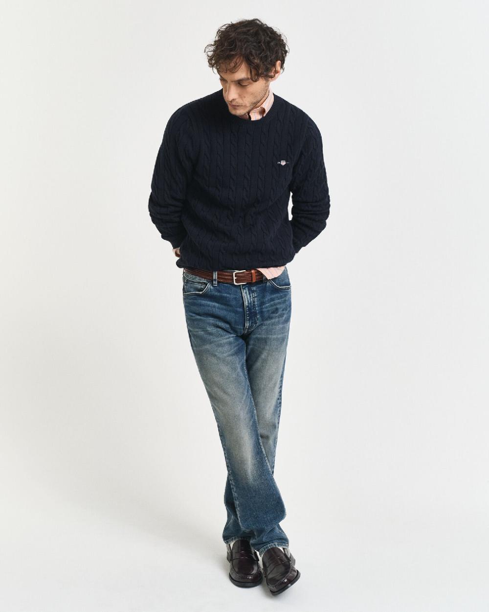 Gant Cotton Cable Knit Crew Neck Sweater Evening Blue