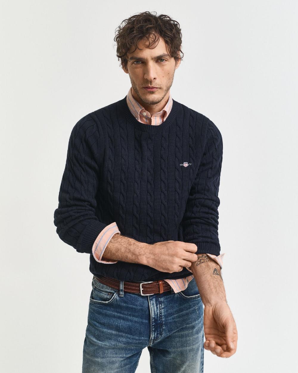 gant Cotton Cable Knit Crew Neck Sweater evening blue