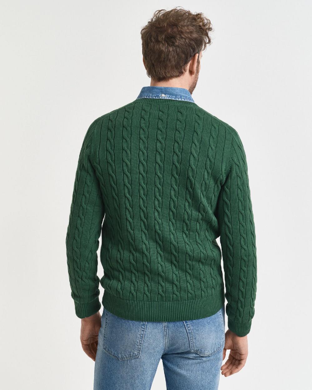 Gant Cotton Cable Knit Crew Neck Sweater Forest Green