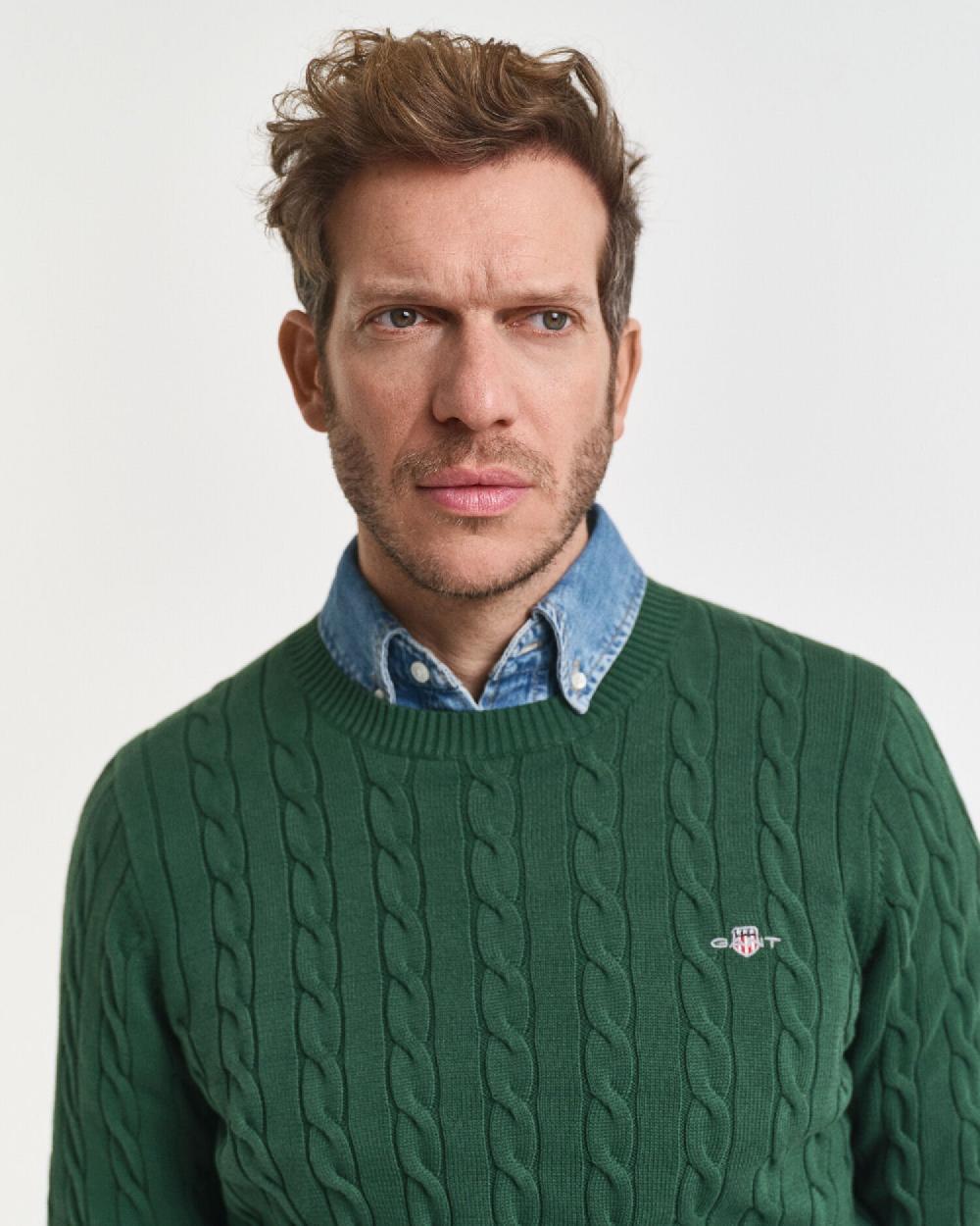 Gant Cotton Cable Knit Crew Neck Sweater Forest Green
