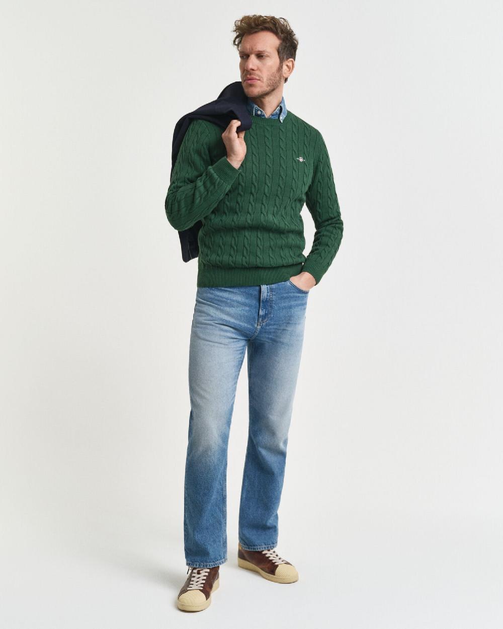 Gant Cotton Cable Knit Crew Neck Sweater Forest Green