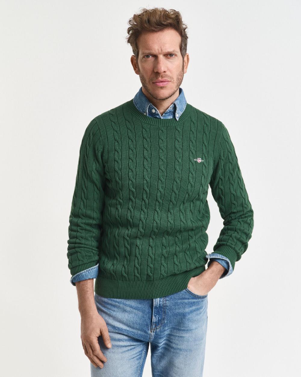gant Cotton Cable Knit Crew Neck Sweater forest green