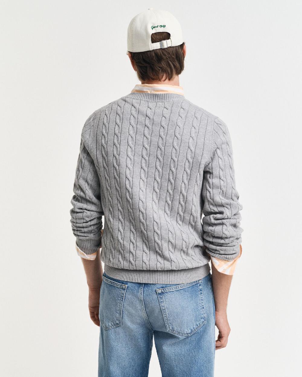 Gant Cotton Cable Knit Crew Neck Sweater Grey Melange