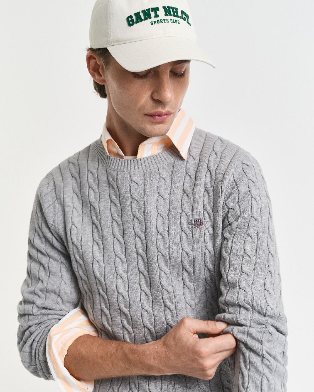 Gant Cotton Cable Knit Crew Neck Sweater Grey Melange