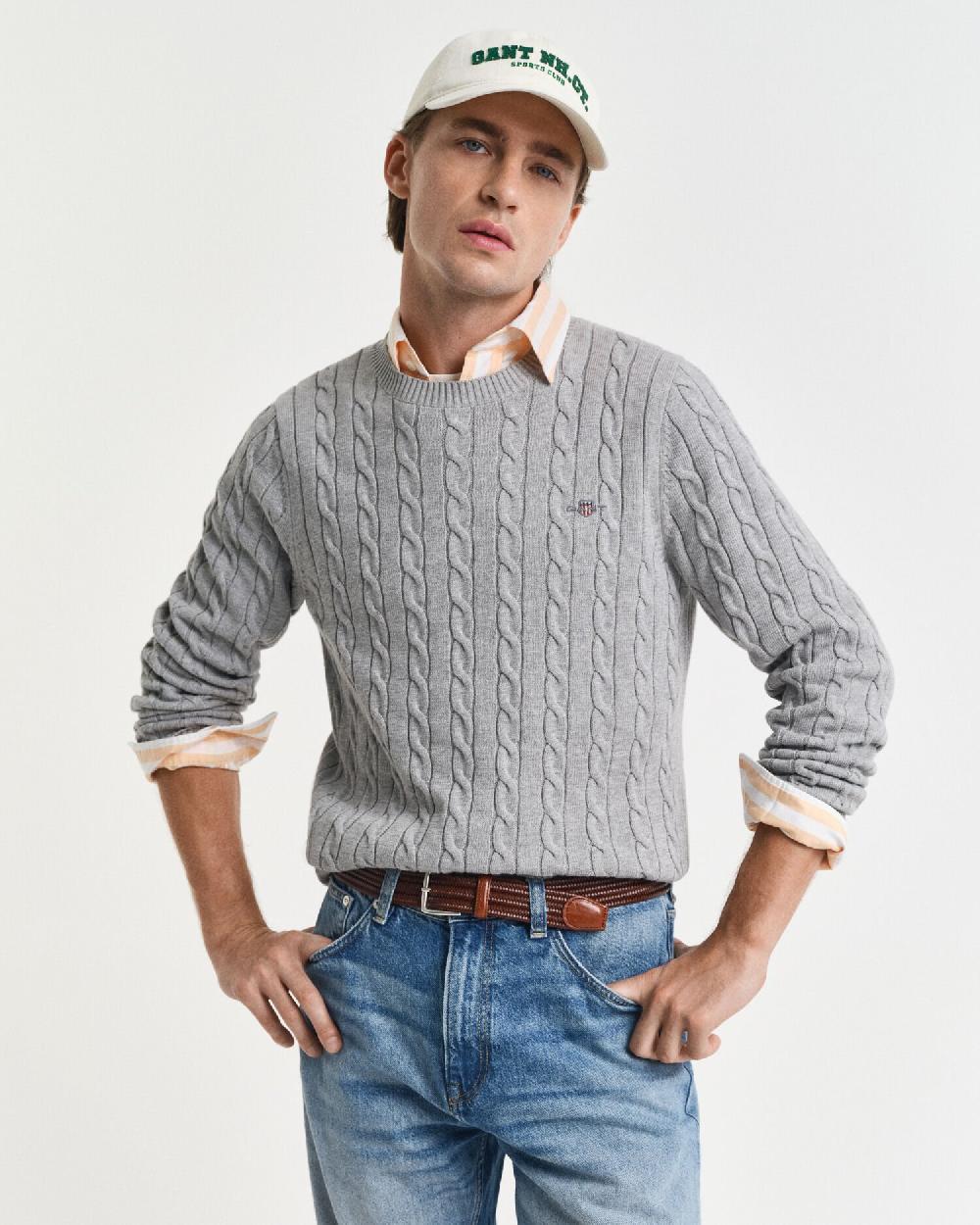 gant Cotton Cable Knit Crew Neck Sweater grey melange