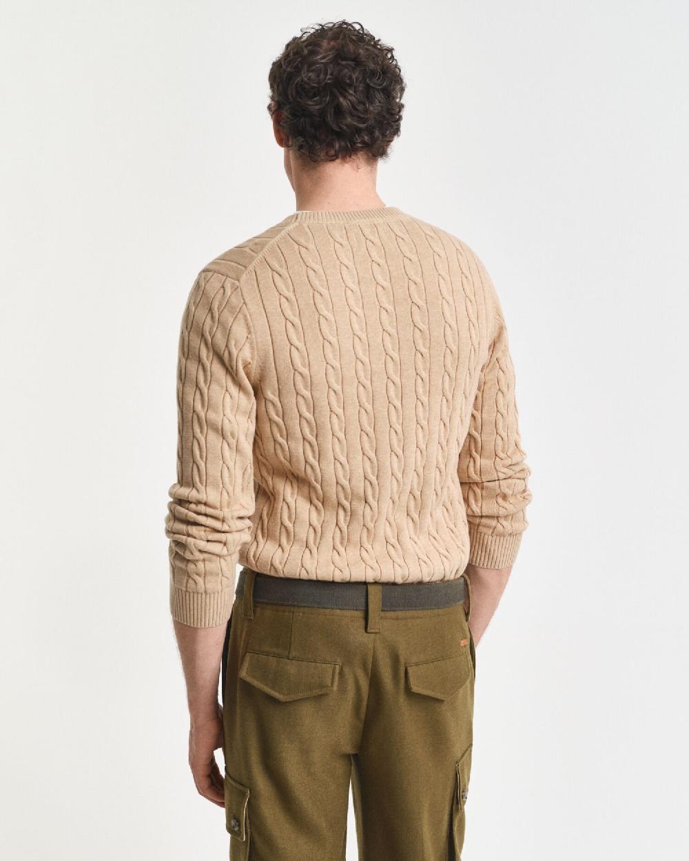 Gant Cotton Cable Knit Crew Neck Sweater Khaki Melange