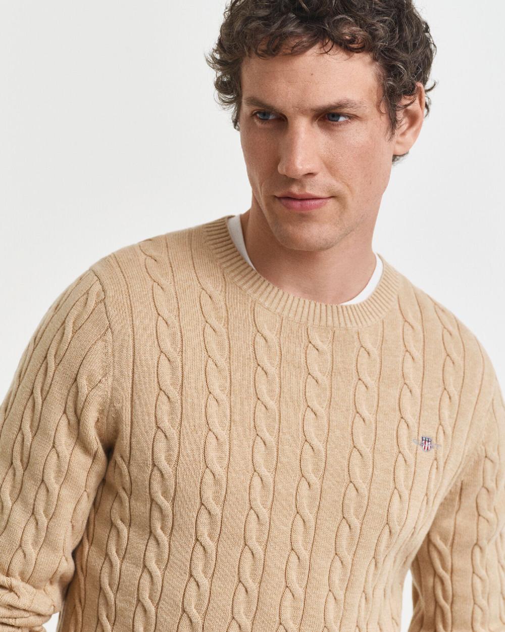 Gant Cotton Cable Knit Crew Neck Sweater Khaki Melange