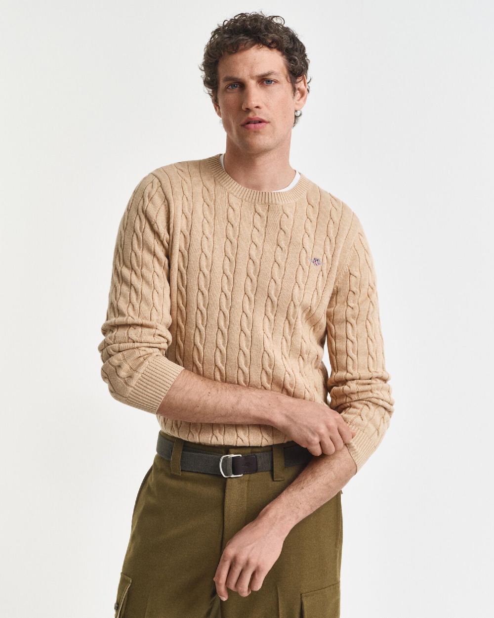 gant Cotton Cable Knit Crew Neck Sweater khaki melange