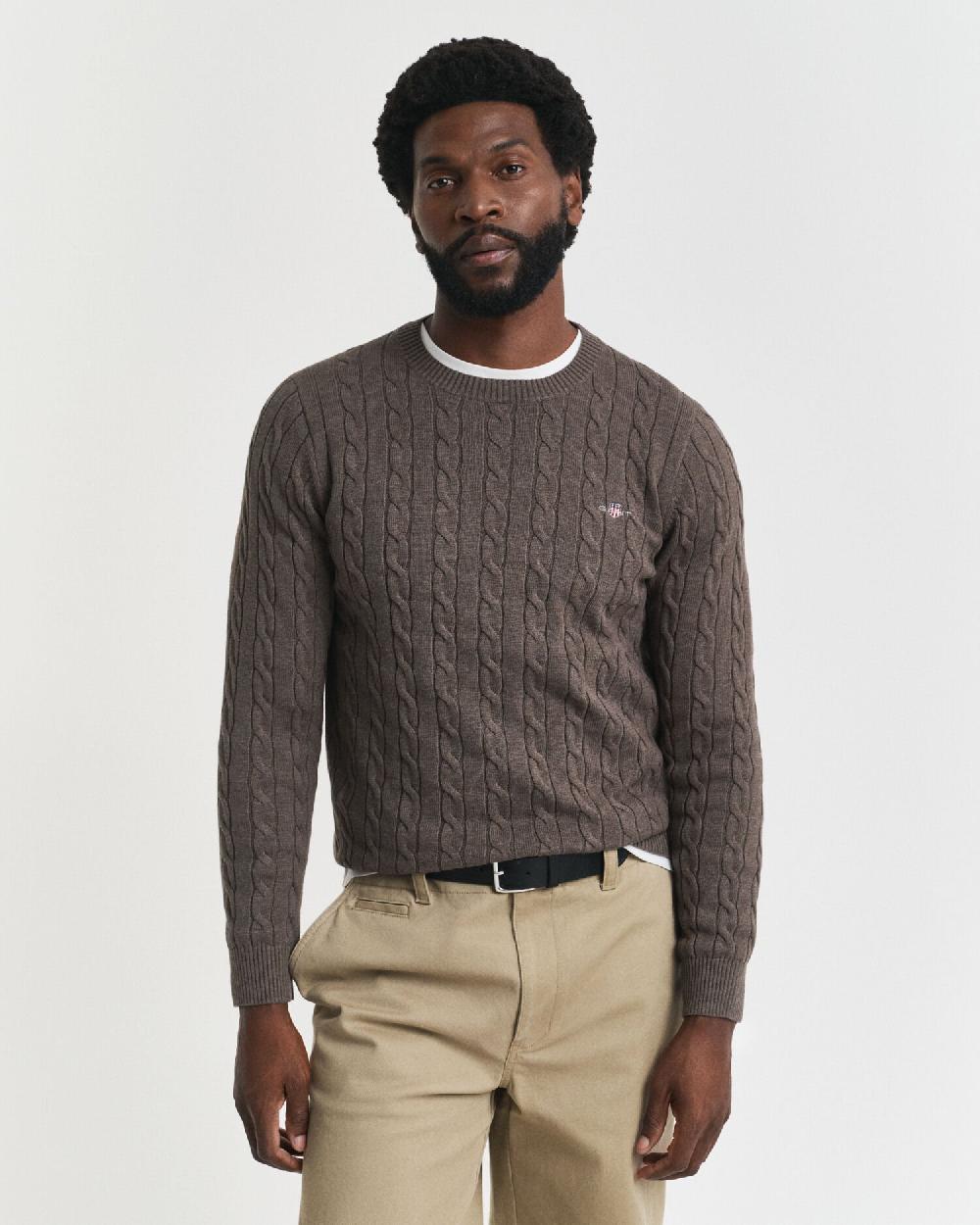 gant Cotton Cable Knit Crew Neck Sweater seawood melange