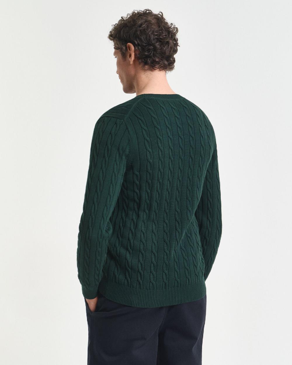 Gant Cotton Cable Knit Crew Neck Sweater Tartan Green