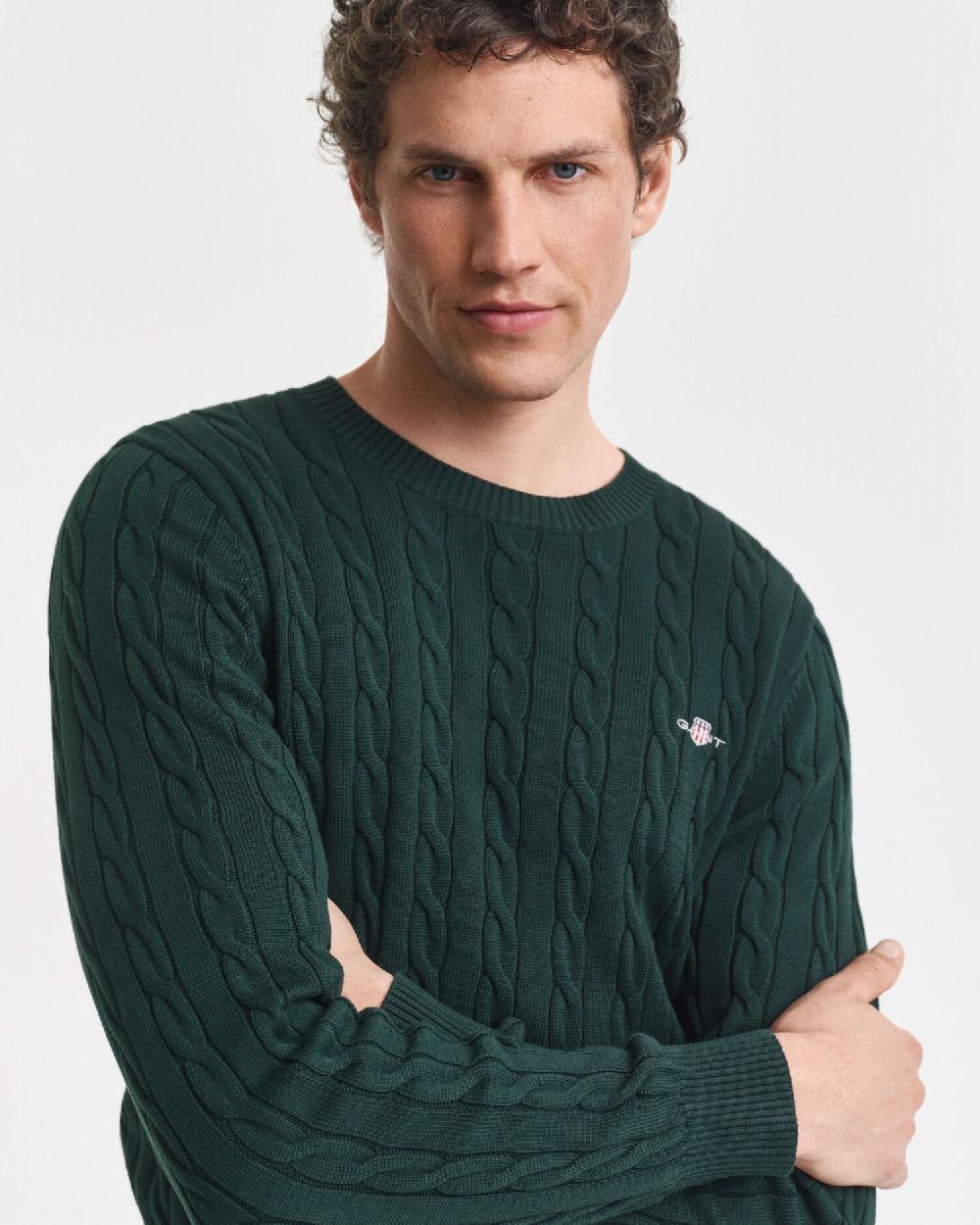 Gant Cotton Cable Knit Crew Neck Sweater Tartan Green