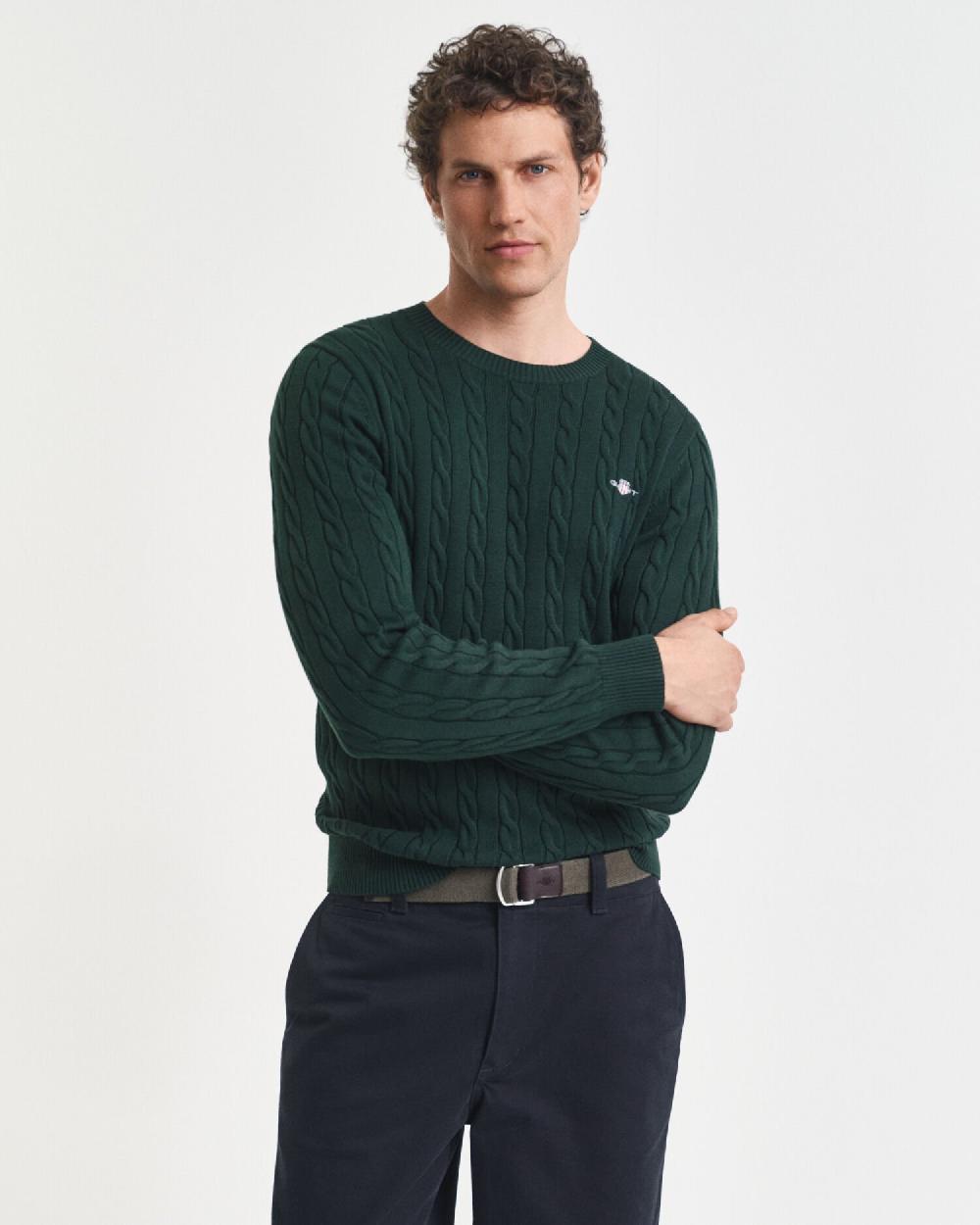 gant Cotton Cable Knit Crew Neck Sweater tartan green