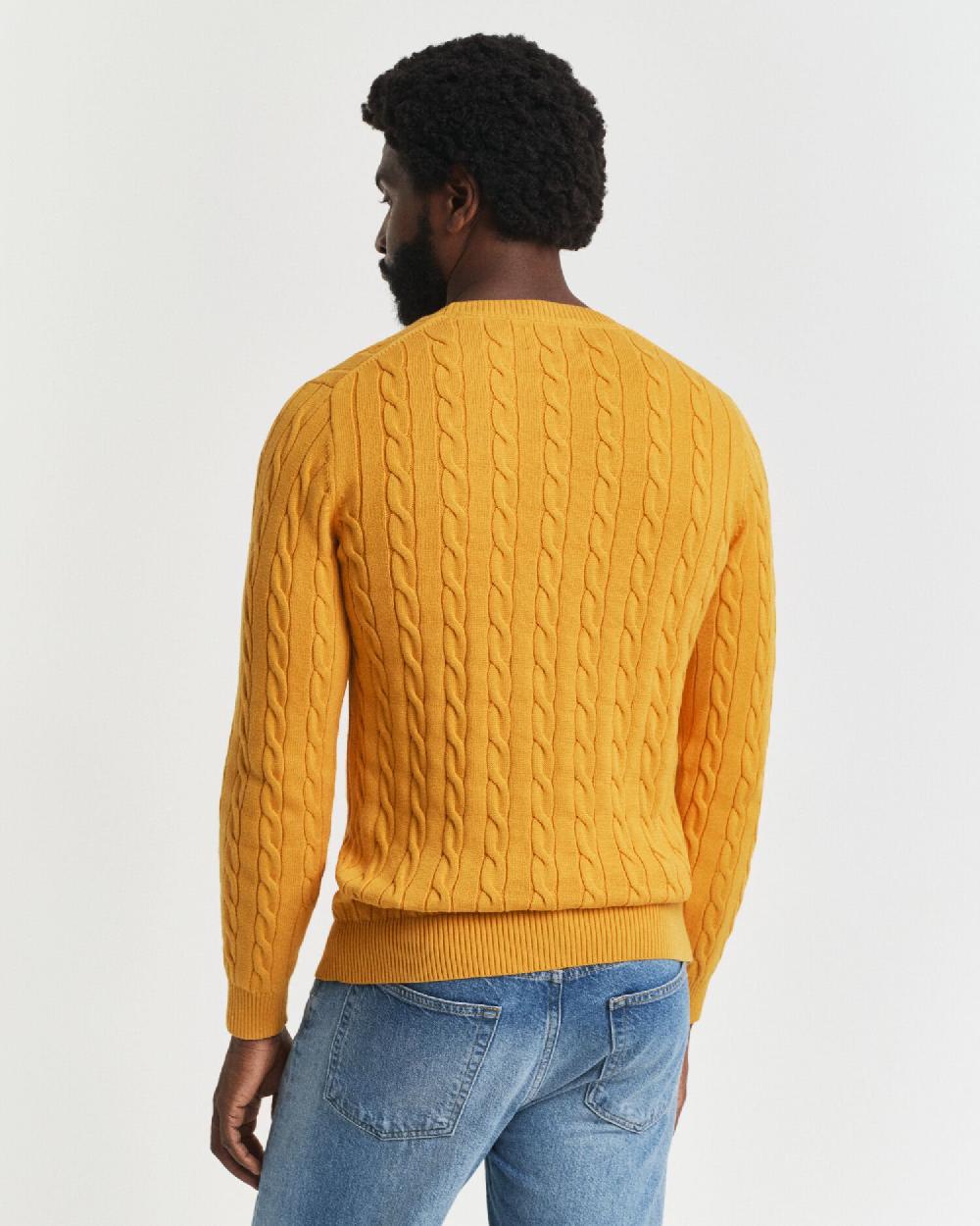 Gant Cotton Cable Knit Crew Neck Sweater Yellow Lichen