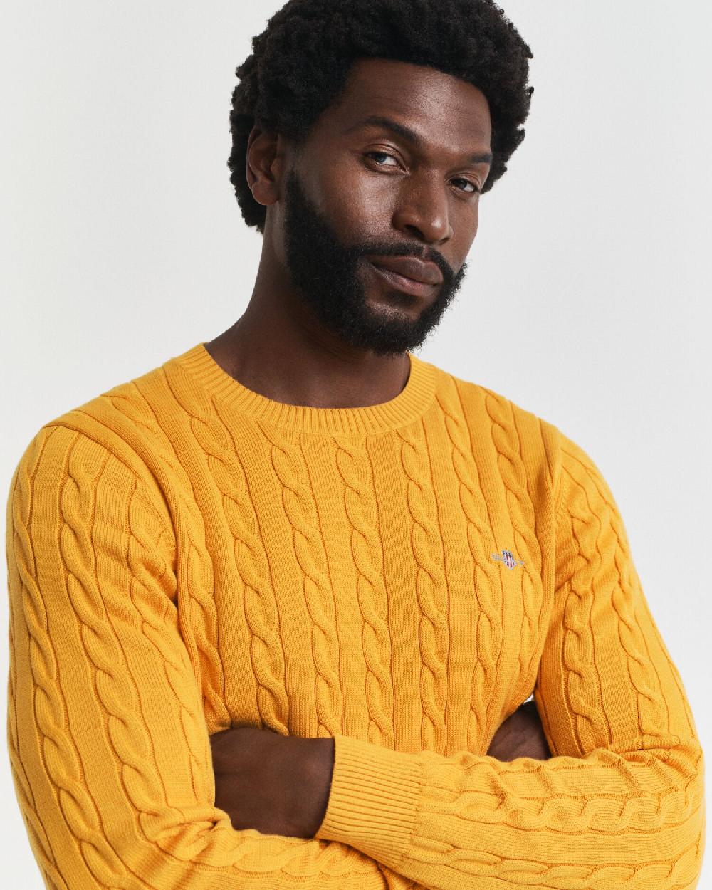 Gant Cotton Cable Knit Crew Neck Sweater Yellow Lichen