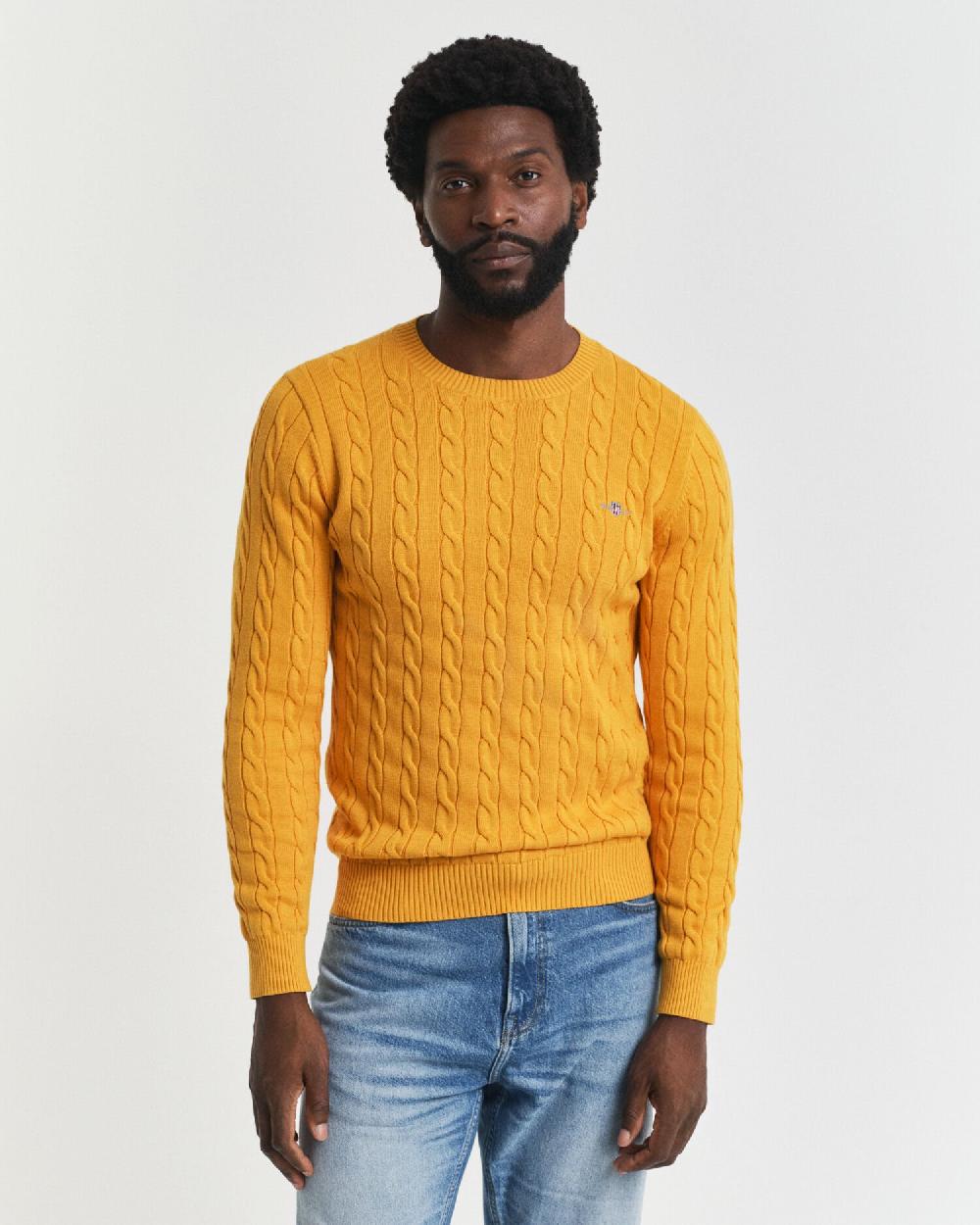 gant Cotton Cable Knit Crew Neck Sweater yellow lichen